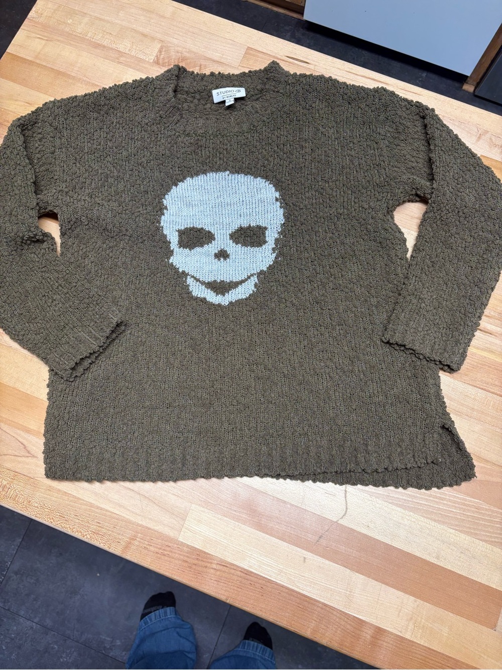 Studio B  Olive Green Knit Sweater with Skull Motif